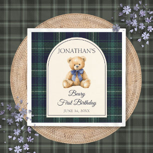 Blå Bow Preppy Teddybjörn 1-årsdag Pappersservett