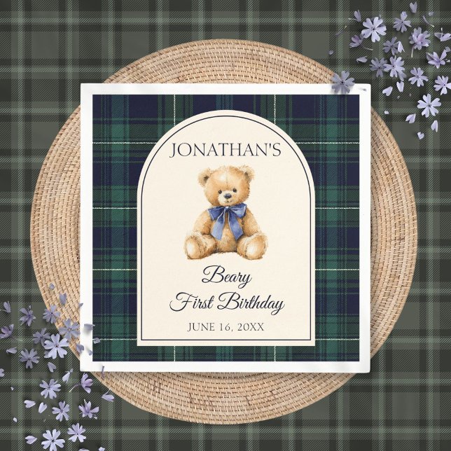 Blå Bow Preppy Teddybjörn 1-årsdag Pappersservett (Blue Bow Preppy Teddy Bear 1st Birthday Napkins)
