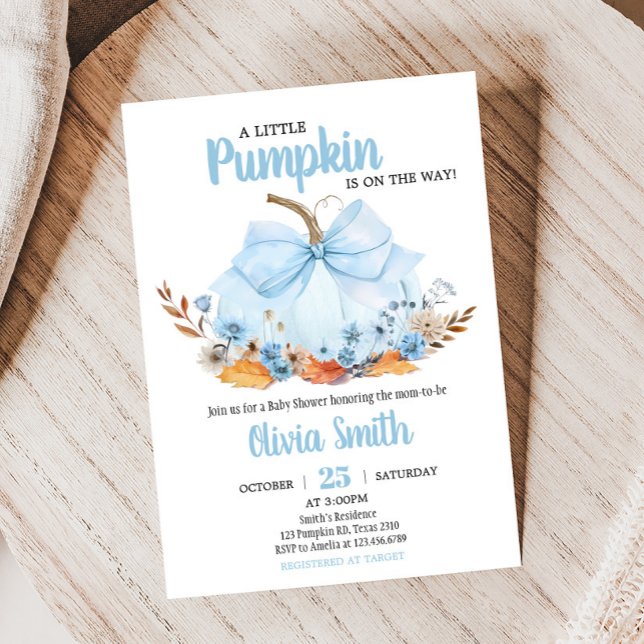 Blå Bow Pumpa Baby Shower Inbjudningar (Boy Bow Pumpkin Baby Shower Invitation)