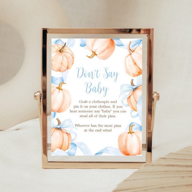 Blå Bow Pumpa Baby Shower Säga Inte Baby Skylt (Boy Bow Pumpkin Baby Shower Don't Say Baby Sign)