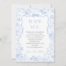 Blå Bow Toile De Jouy Bebis Shower Tacksamhetskort