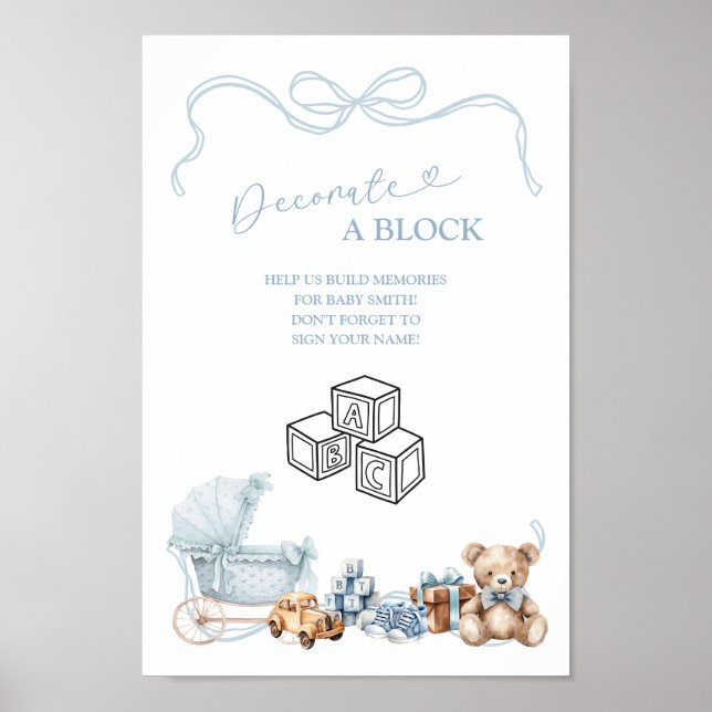 Blå Bow Vagn Baby Shower Dekorera Blockskylt Poster (Framsidan)
