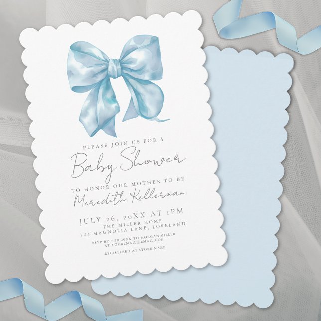 Blå Bowle Elegant Kokett Pojke Bebis Shower Inbjudningar (Blue Bow Elegant Coquette Boy Baby Shower Invitation)