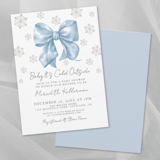 Blå Bowle Vinterpojke Bebisens Mottagning Inbjudningar (Blue Bow Winter Boy Baby Shower Invitation)