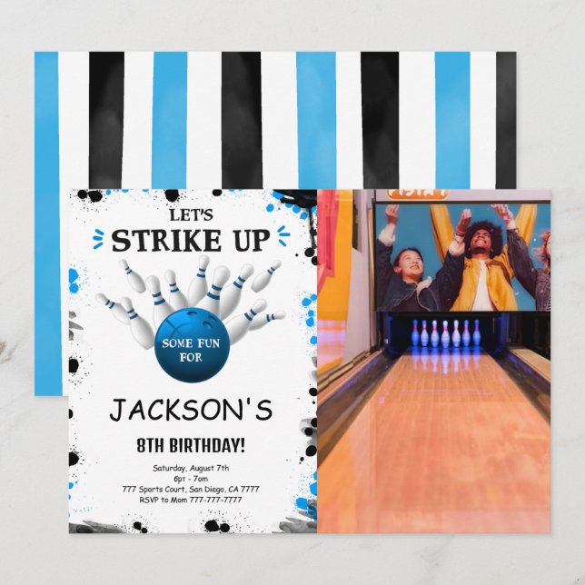 Blå Bowling Foto Inbjudan (Fram/baksida)
