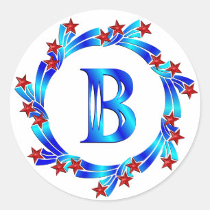 Blå Brev B Monogram Red Stars Runt Klistermärke