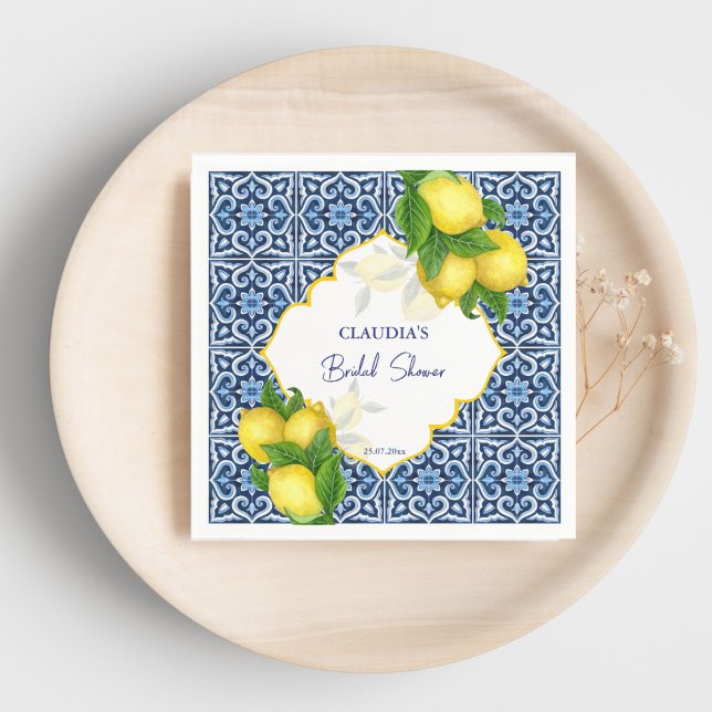 Blå brickor citron Amalfi bröllopsdusch fest anpas Pappersservett (Blue tiles lemon Amalfi bridal shower party custom Napkins personalized tableware)