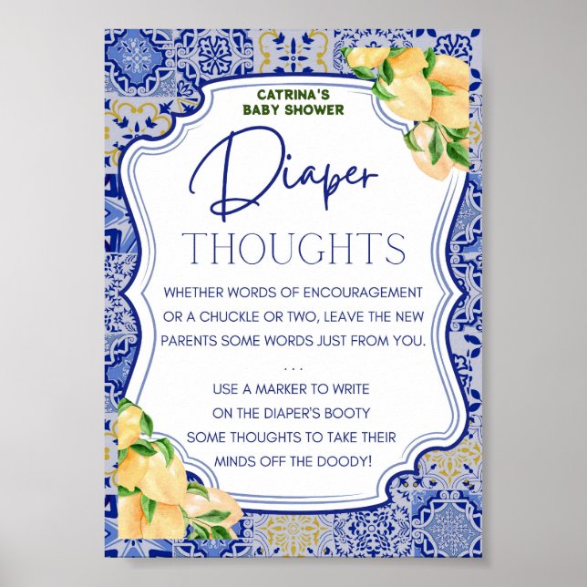 Blå brickor citron Citrus Baby Shower-skylt Poster (Framsidan)