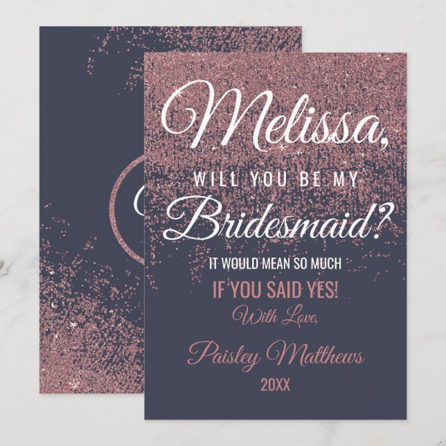 Blå bridesmaid ro Guld Glitter Inbjudningar (Fram/baksida)