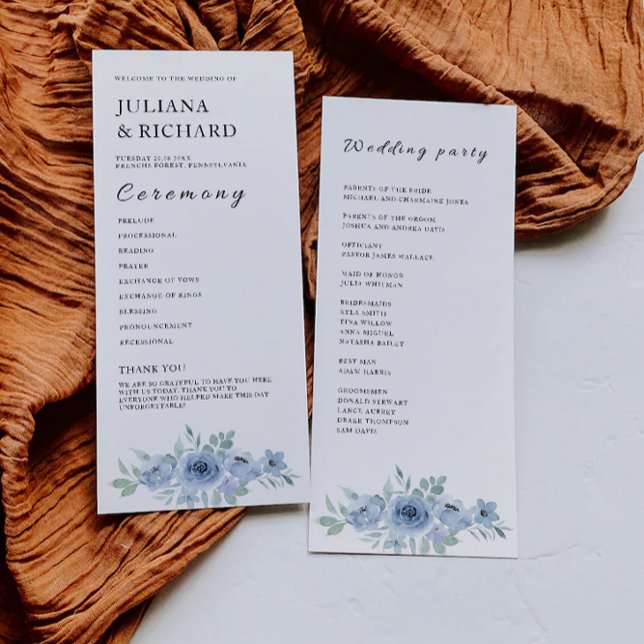 Blå Bröllop Ceremony-programmall (Blue Wedding Ceremony Program Template)