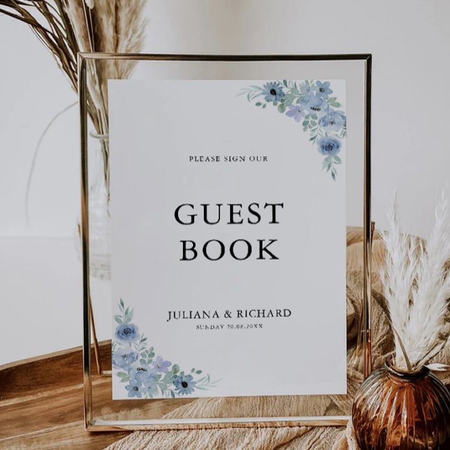 Blå Bröllop Guest Bok-signaturmall Inbjudningar (Blue Wedding Guest Book Sign Template)
