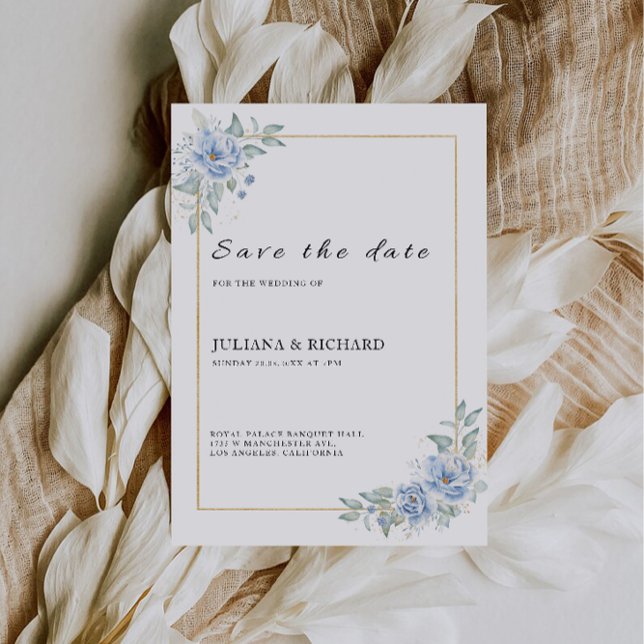 Blå Bröllop spara datum-mall Inbjudningar (Blue Wedding Save the Date Template)