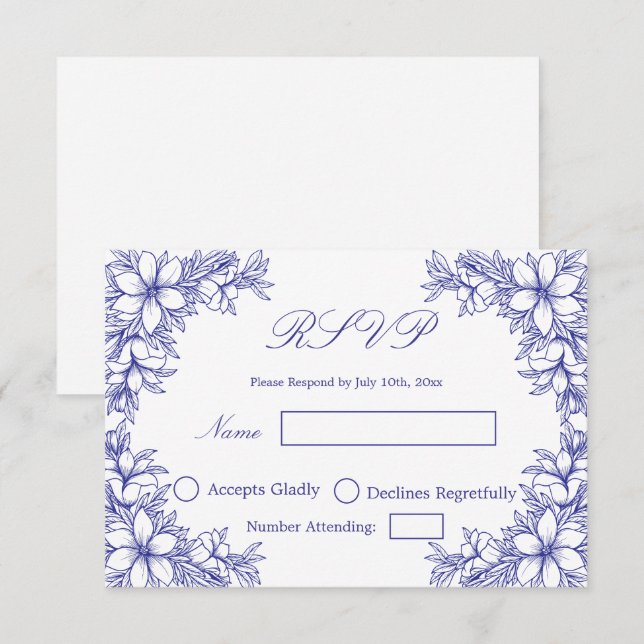 Blå bröllops-RSVP med utsmyckade blomgrafiken OSA Kort (Fram/baksida)