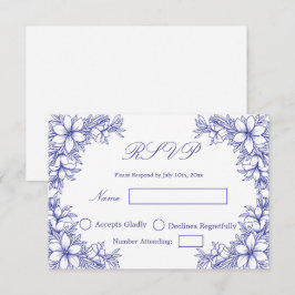 Blå bröllops-RSVP med utsmyckade blomgrafiken OSA Kort