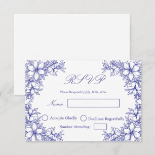 Blå bröllops-RSVP med utsmyckade blomgrafiken OSA Kort