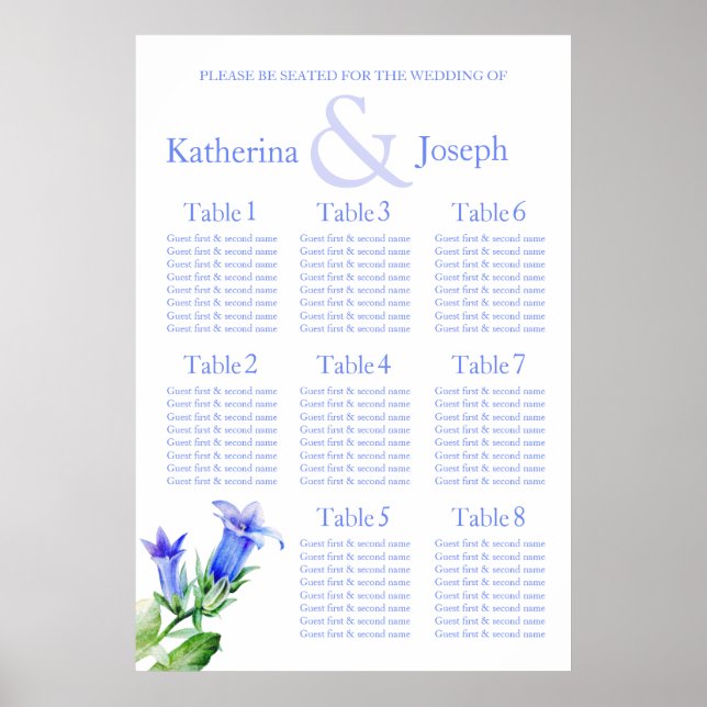 blå bröllops sittplatsschema 1-8 poster (Framsidan)