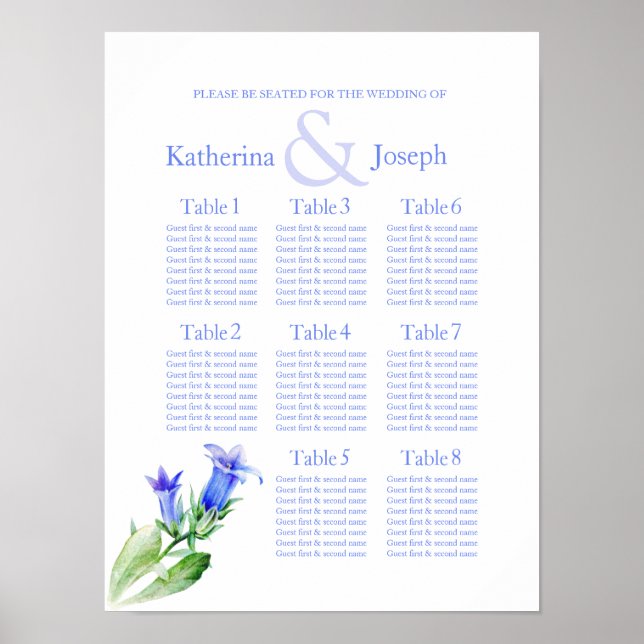 blå bröllops sittplatsschema 1-8 poster (Framsidan)