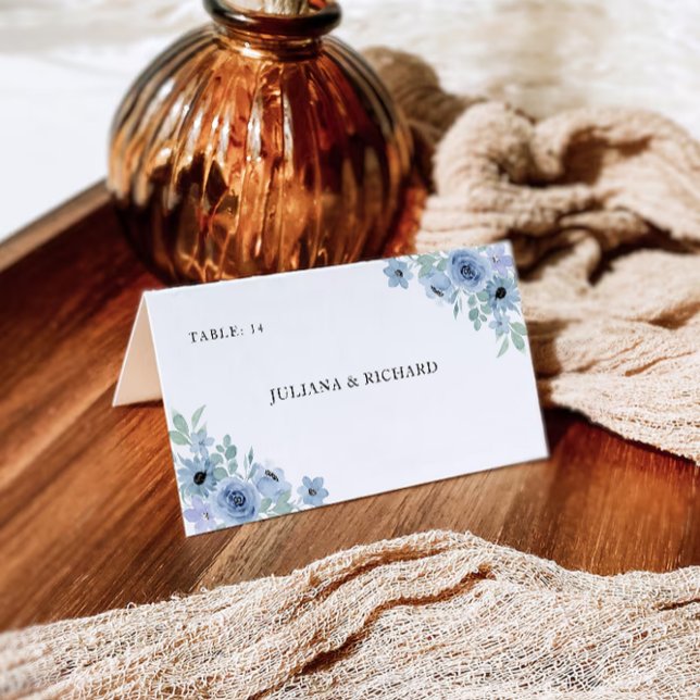 Blå Bröllopsplatskortsmall Tilläggskort (Blue Wedding Place Cards Template)