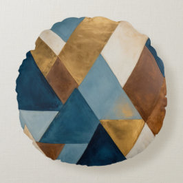 Blå brons-kräm och guld-geometrisk abstrakt rund kudde