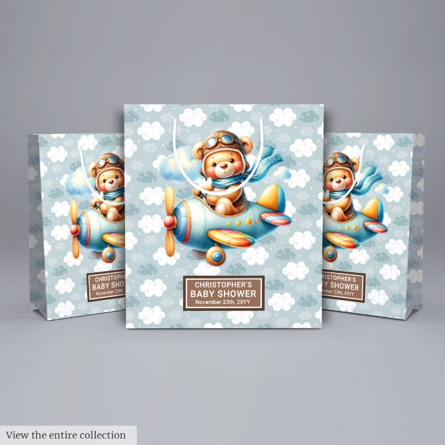 Blå brun babystövel med Namn (Blue Brown Bear Baby Shower Gift Bag With Name)