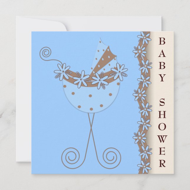 Blå brun Barnvagn Blue Brown Pojke Shower Inbjudningar (Framsida)