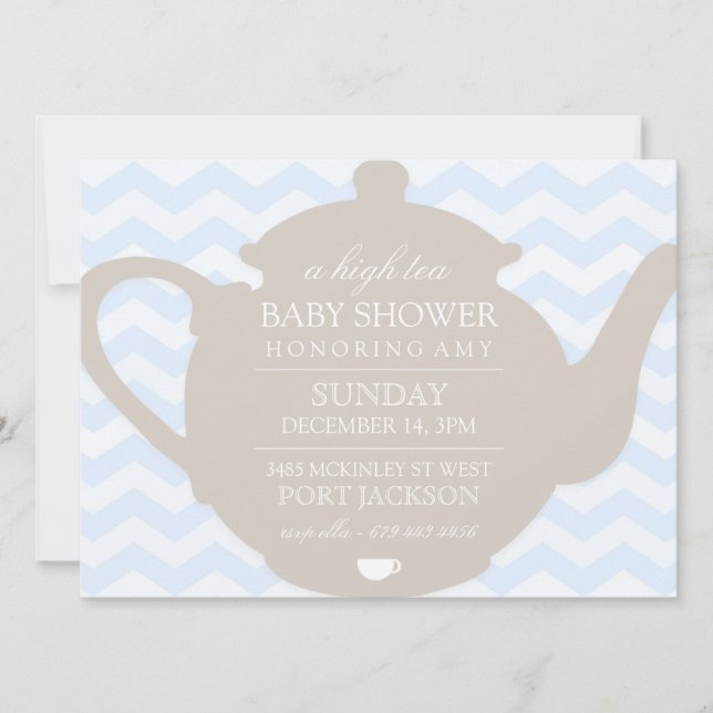 Blå & Brun Chevron High Tea Baby Shower Inbjudan (Framsida)