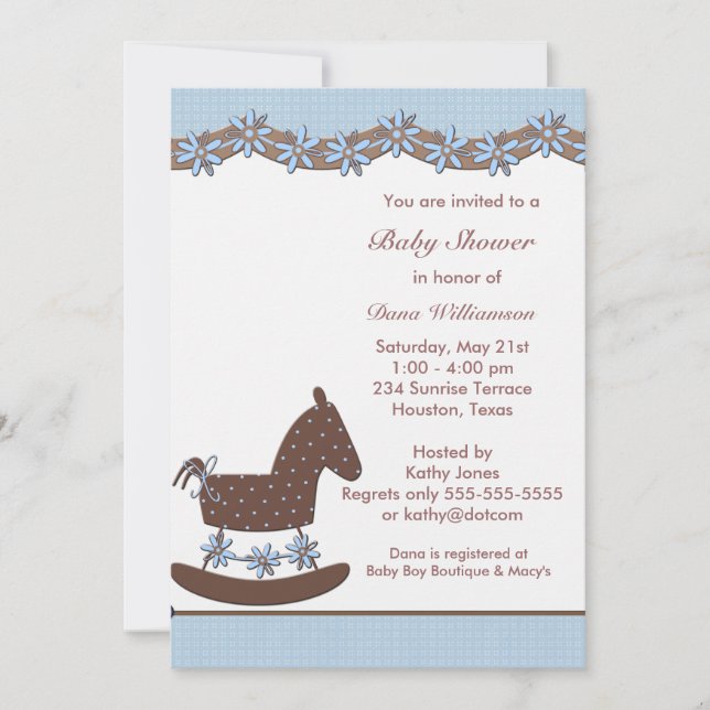 Blå Brun Gunghäst Pojke dusch Inbjudningar (Framsida)