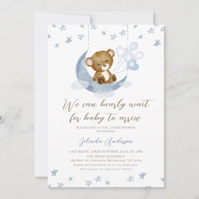 Blå brun Måne. Vi kan bearly Wait Baby Shower Inbjudningar (Framsida)