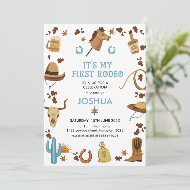Blå brun min första rodeo Cowboy 1:a födelsedag Inbjudningar (Stående Fram)