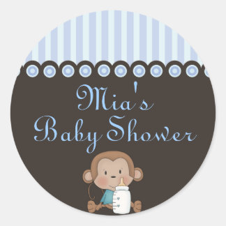 Blå & Brun Monkey Design Baby Shower-klistermärke Runt Klistermärke