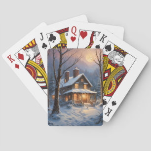 Blå Brun Rustik Vinterstuga Snö Målning Casinokort