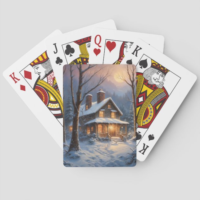 Blå Brun Rustik Vinterstuga Snö Målning  Casinokort (Baksidan)