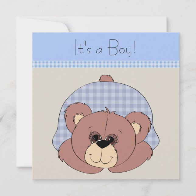 Blå Brun Teddybjörn Baby Boy Shower Inbjudningar (Framsida)