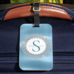 Blå brushed Metall Sparkly Diamonds Monogram Glam Bagagebricka