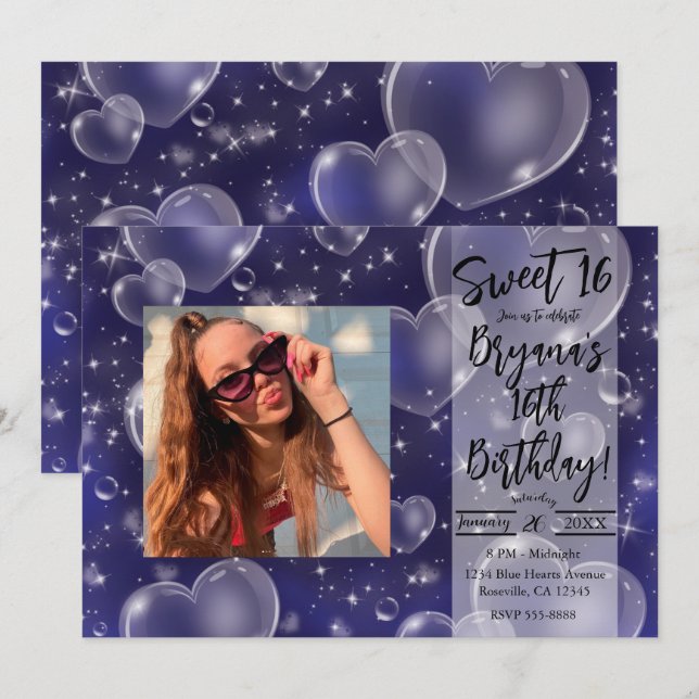 Blå bubbelhjärtan Söt flickaktig 90-tals födelseda Inbjudningar (Fram/baksida)