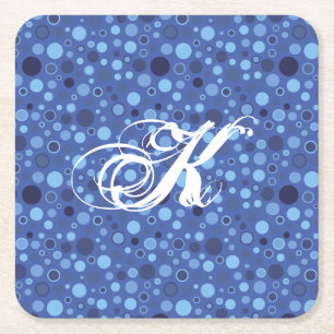 Blå bubbelprickar, monogram Underlägg Papper Kvadrat