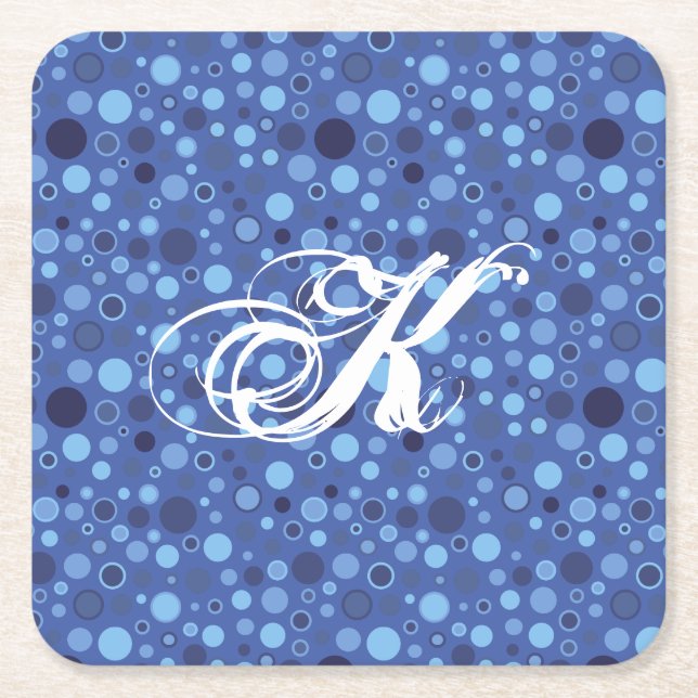 Blå bubbelprickar, monogram Underlägg Papper Kvadrat (Framsidan)