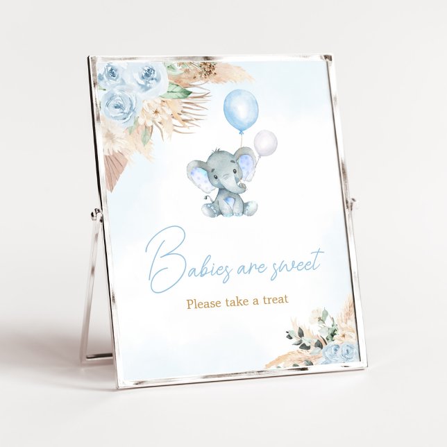 Blå bubblor Elephant Baby Shower Spädbarn är Sweet Poster (Blue Floral Pampas Grass Elephant Baby Shower Babies are Sweet SIgn)