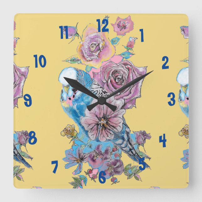 Blå Budgie Akvarell Gul Kvinnas Kontorsklocka Fyrkantig Klocka (Framsida)