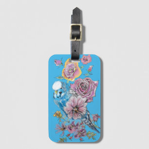 Blå Budgie Blå Blommig Vattenfärg Resväskemärke Bagagebricka