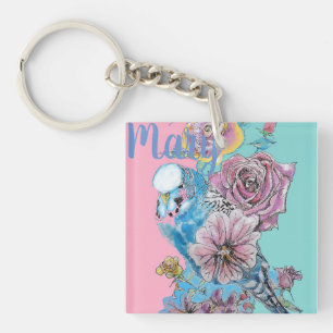 Blå Budgie Budgies Ro Flower blommigt Nyckelring
