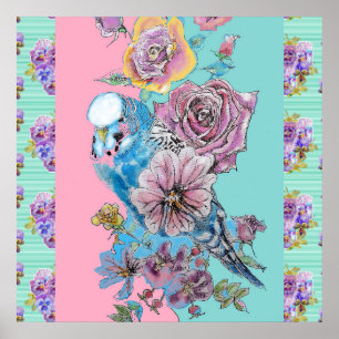 Blå Budgie Fågel Ros Blomma Målning Aqua Affisch