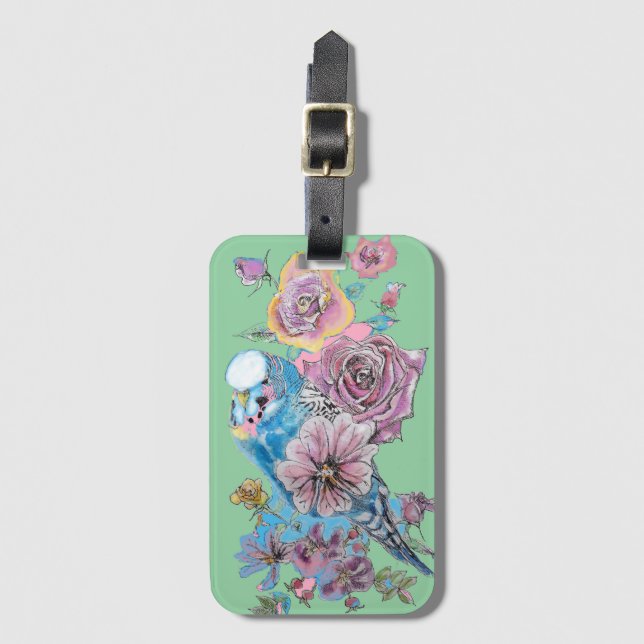Blå Budgie Grön Blommig Akvarell Bagage Tag Bagagebricka (Framsida vertikal)