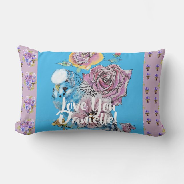 Blå Budgie lilac-blommigt blommor Decor Cushion Lumbarkudde (Framsida)