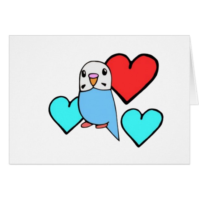 Blå Budgie med Hjärtan Hälsningskort (Framsidan Horizontal)