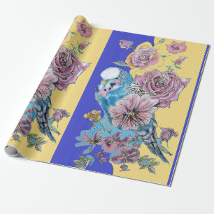 Blå Budgie Ro konstblommor Watercolor Wrapping Presentpapper