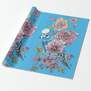 Blå Budgie Ro konstblommor Watercolor Wrapping Presentpapper