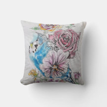 Blå Budgie & Ro Watercolor bird Decor Cushion
