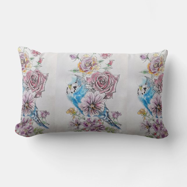 Blå Budgie & Rosor Akvarellfågel Dekorativ Kudd Lumbarkudde (Framsida)