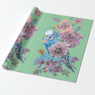 Blå Budgie Rosor art blommor Watercolor Wrapping Presentpapper